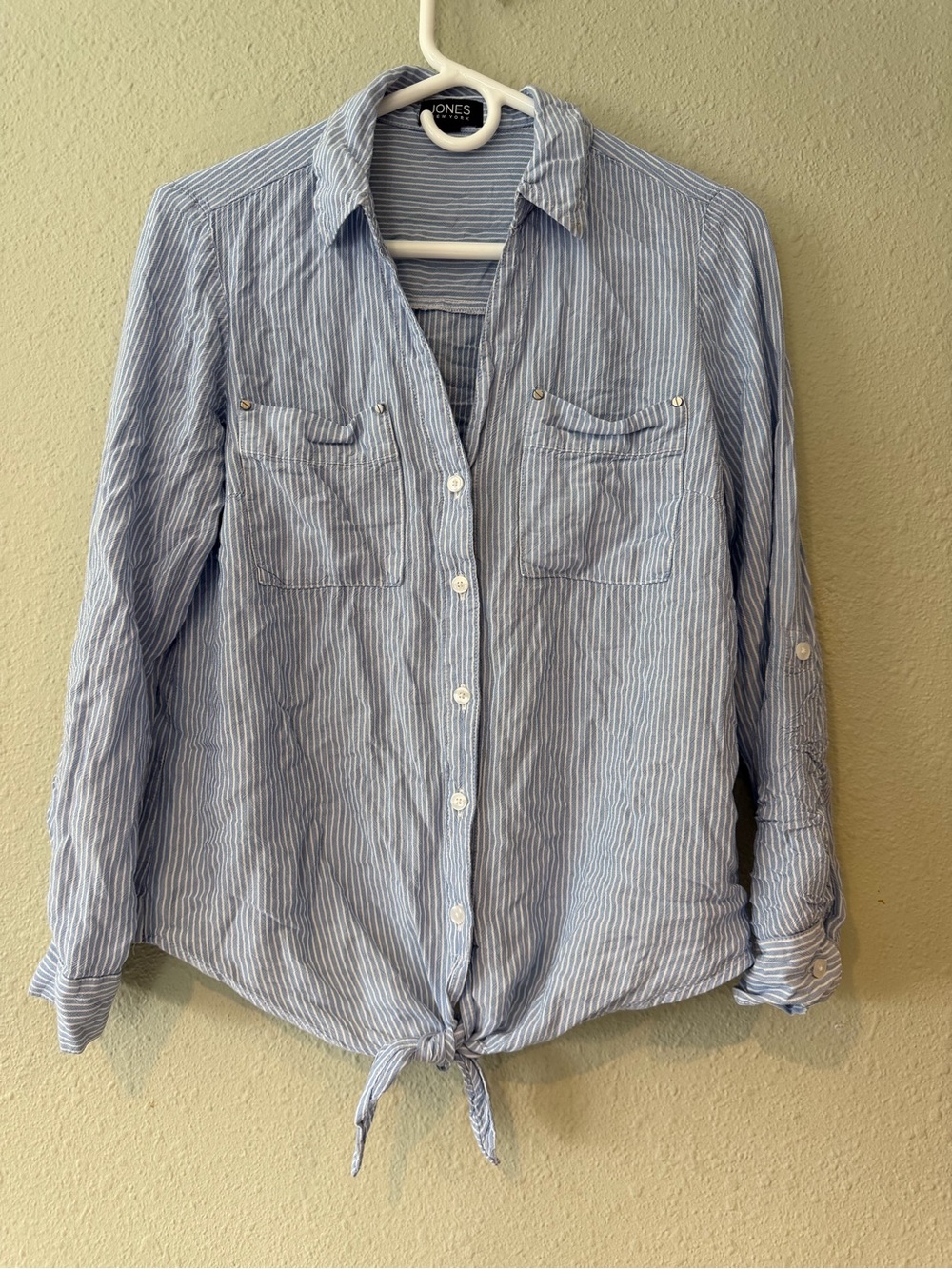 Jones New York Light Blue & White Striped Button-Front Tie Hem Shirt
